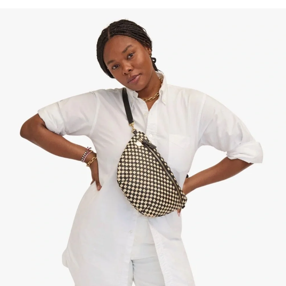Clare V Grande Fanny Black/Cream Woven Checker Crossbody Bag Gorgeous w/dustbag - Picture 5 of 17